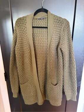 Mango Olive Open-Front Knit Cardigan with Pockets